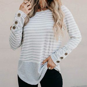 Grey and White Stripes Shirt Pullover Women's Long Sleeve Shirt